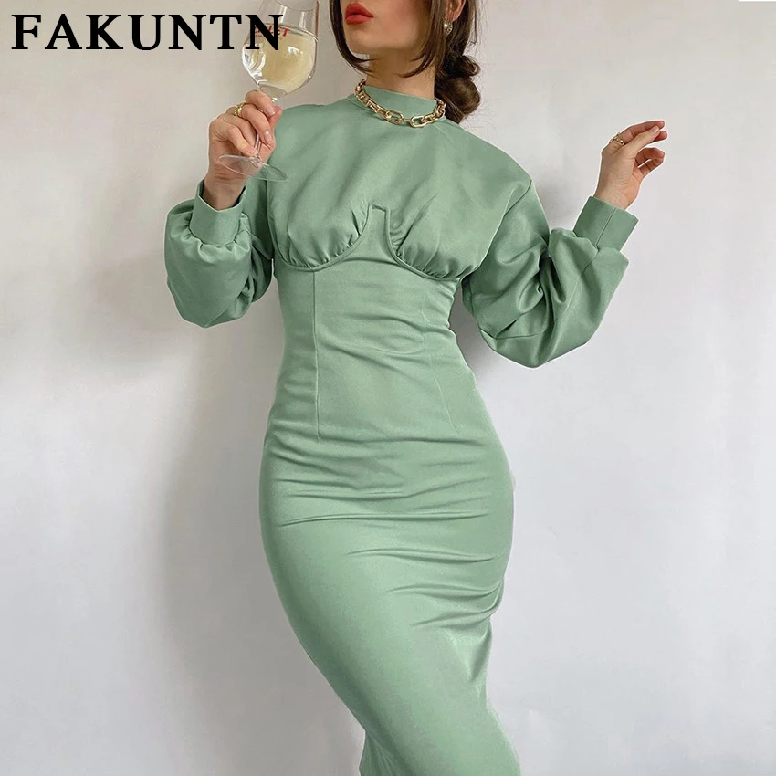 

FAKUNTN Vintage Dress Woman Autumn Winter Clothes 2021 Fashion Green Elegant High Waist Long-Sleeve Dresses Casual Women's Dress