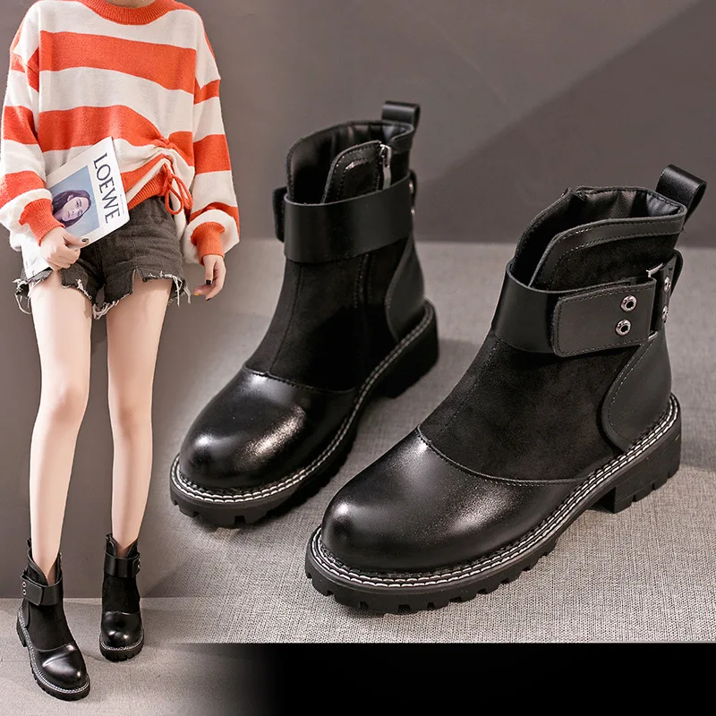 

Autumn And Winter Chunky Heel Side Zipper Fabric Leather Stitching Martin Boots Women's Waterproof Platform Europe And America S