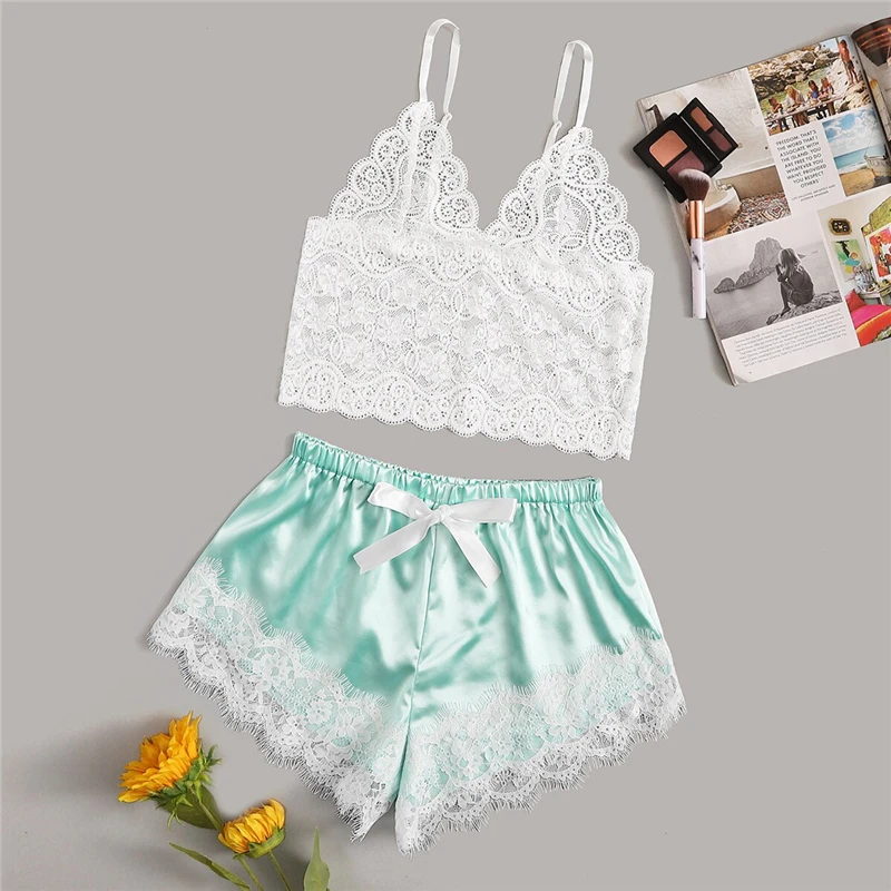 Цветочные Кружева Bralette с атласным нижнее белье-шорты набор женщин летние сексуальные наборы Дамский бюстгальтер и трусики нижнее белье пижамный комплект-розовый