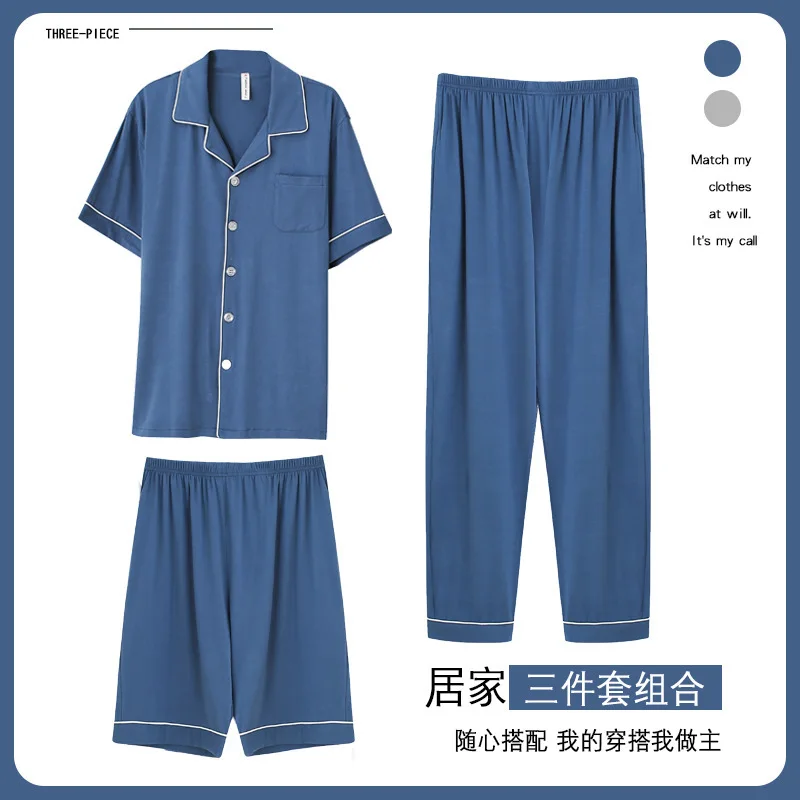 

Modal Pajamas Men's Summer Short-sleeved Cardigan Shorts Three-piece Suit Thin Ice Silk Loose Pijama Hombre Verano Pigiama Uomo