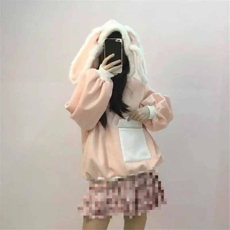 Для женщин милый кролик толстовки Женский японский Harajuku с длинным рукавом Толстовка Kawaii Свободные свитшоты Повседневная Толстовка