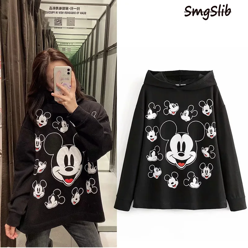 

women's sweatshirt mouse round neck cartoon print print solid loose fashion long sleeve 2019 autumn female hooded female tops