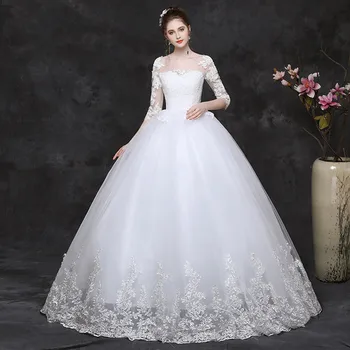

3/4 Sleeves Tulle Ball Gown Wedding Dresses with Lace Appliques 2020 Matrimonio Floor Length Wedding Gowns vestido novia