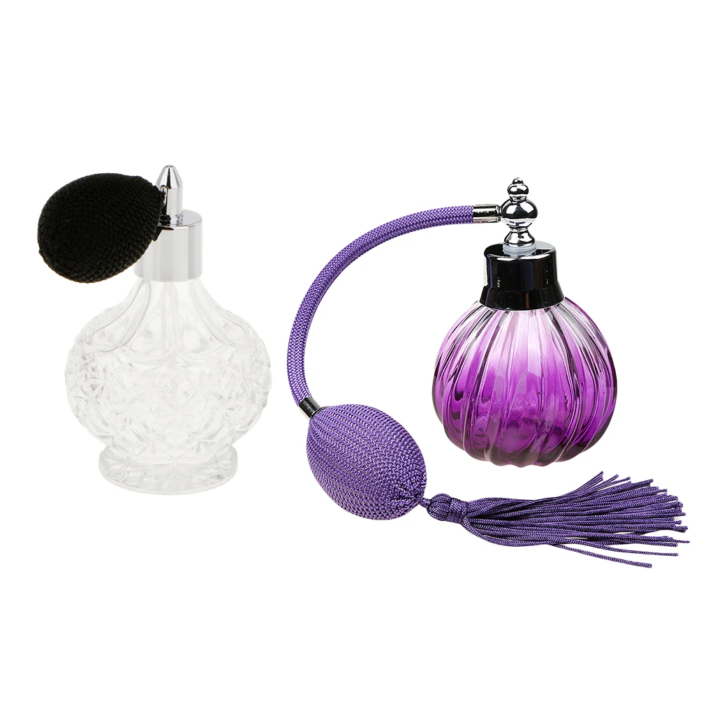 2pcs 100ml/80ml Vintage Refillable Empty Glass Perfume Bottle with Long Atomizer Spray Decor for Home Bathroom Hotel