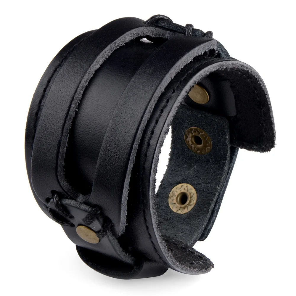 Metallic Genuine Leather Mens Wide Leather Bracelet