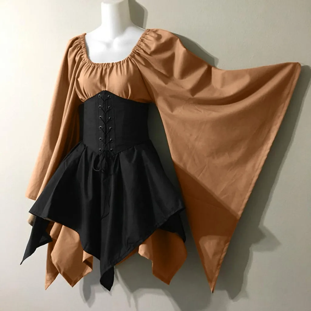 Платье 2019Top Хэллоуин женщин средневековый Косплей костюмы Готический Ретро с длинным рукавом корсет Мини платье