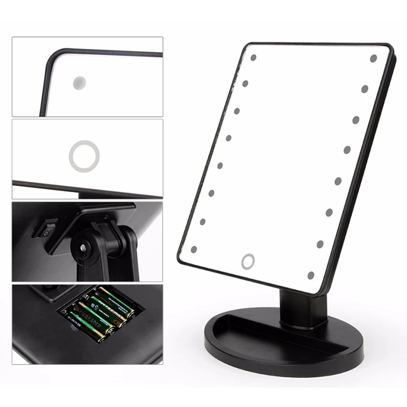 LED Light Press Screen 1X Magnifier Makeup Mirror Desktop Countertop Bright Adjustable USB Cable Or Battery Use