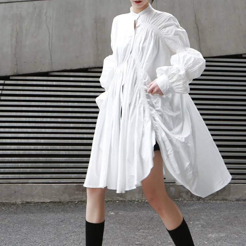 

2021 new loose personality pleated shirt style skirt fashion stand-up collar lantern long sleeve solid color irregular dress