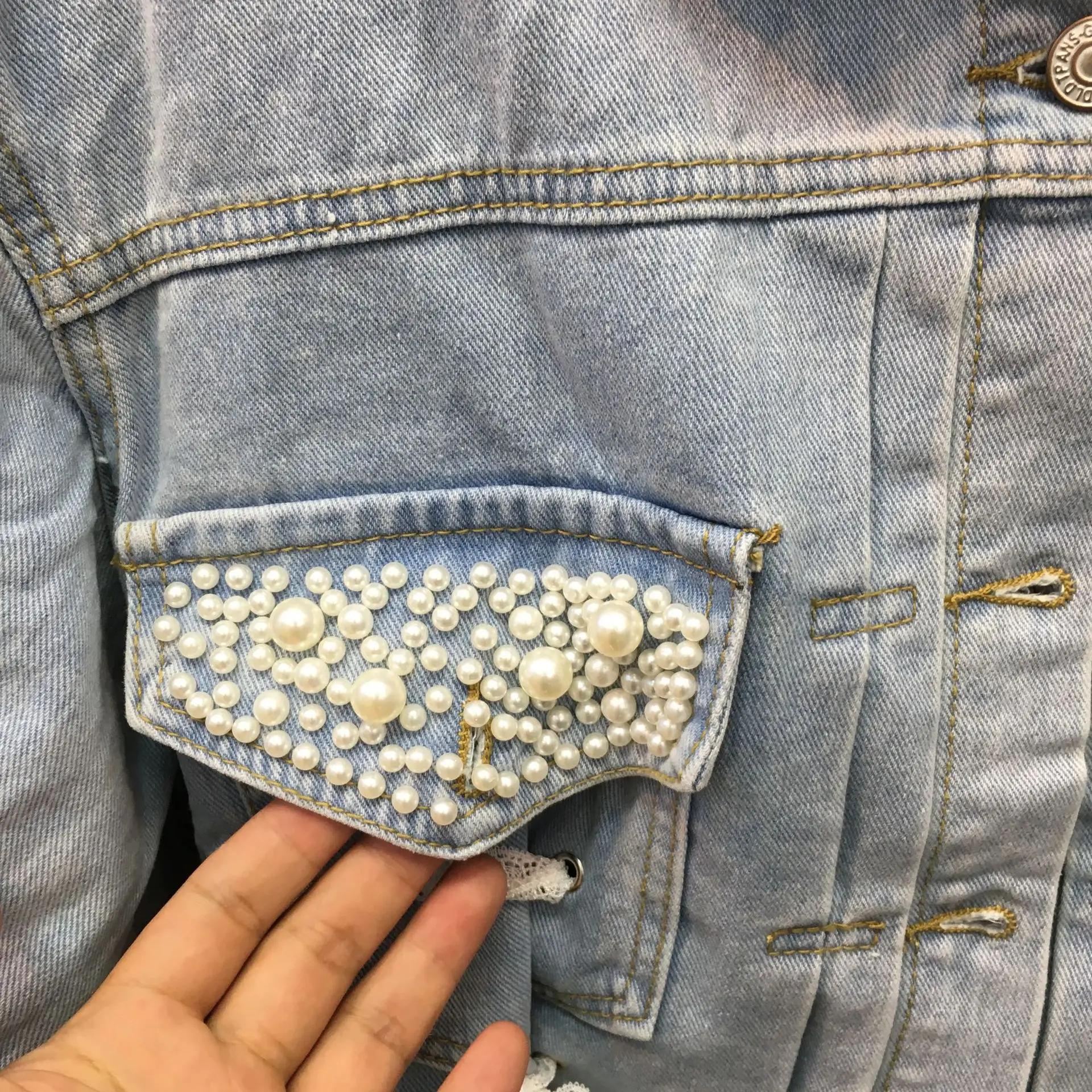 

Ozhouzhan 2019 Autumn New Style Cotton Single Breasted Industrial Beads Women's Ribbon Loose-Fit Slimming Cowboy Short Jacket Fa