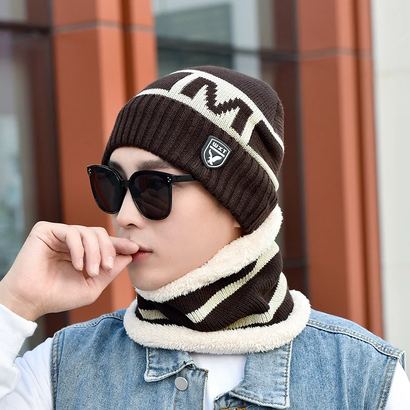 

New Winter Knitted Hats Scarf Set Winter Cap Beanie Neck Thick Warm Wool Beanie Skullies Beanies For Men Knitted Hat