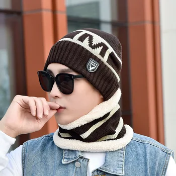 

New Winter Knitted Hats Scarf Set Winter Cap Beanie Neck Thick Warm Wool Beanie Skullies Beanies For Men Knitted Hat