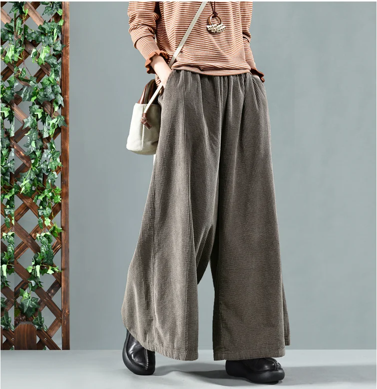 Хаки Autumn Winter Wide Leg Pants Retro Loose Women Trousers Ladies Elastic Waist Solid Color Corduroy Blended Female Casual Pants - Цвет: Хаки