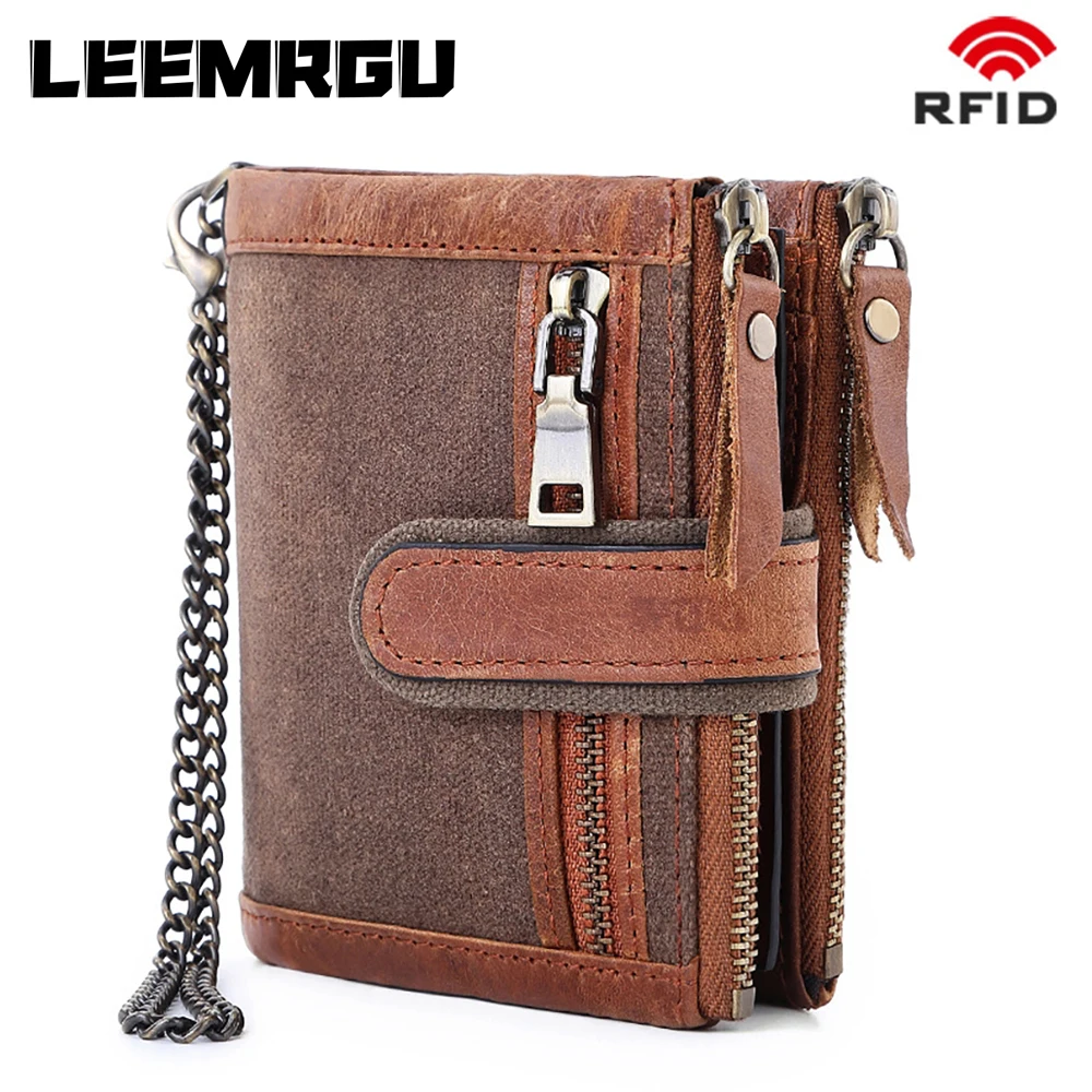 

Fashion Casual Men's Leather Wallet RFID Anti-theft Brush Tri-Fold Two Zipper Multi-Card Multi-Function Leather Wallet Coin