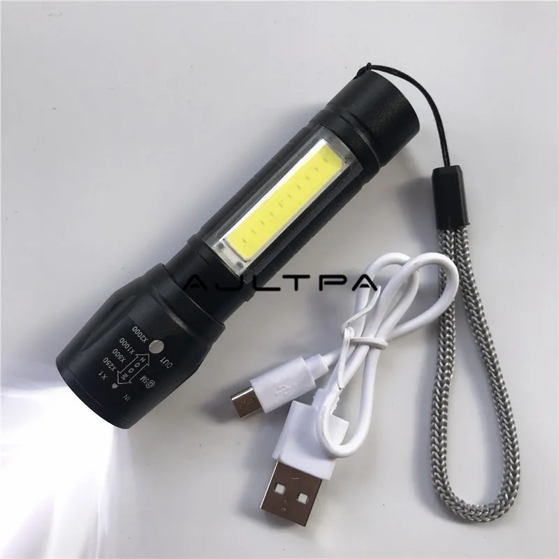 100 шт./лот USB зарядка мини портативный COB светодиодный фонарик с зумом уличный охотничий фонарь с батареей и кабелем