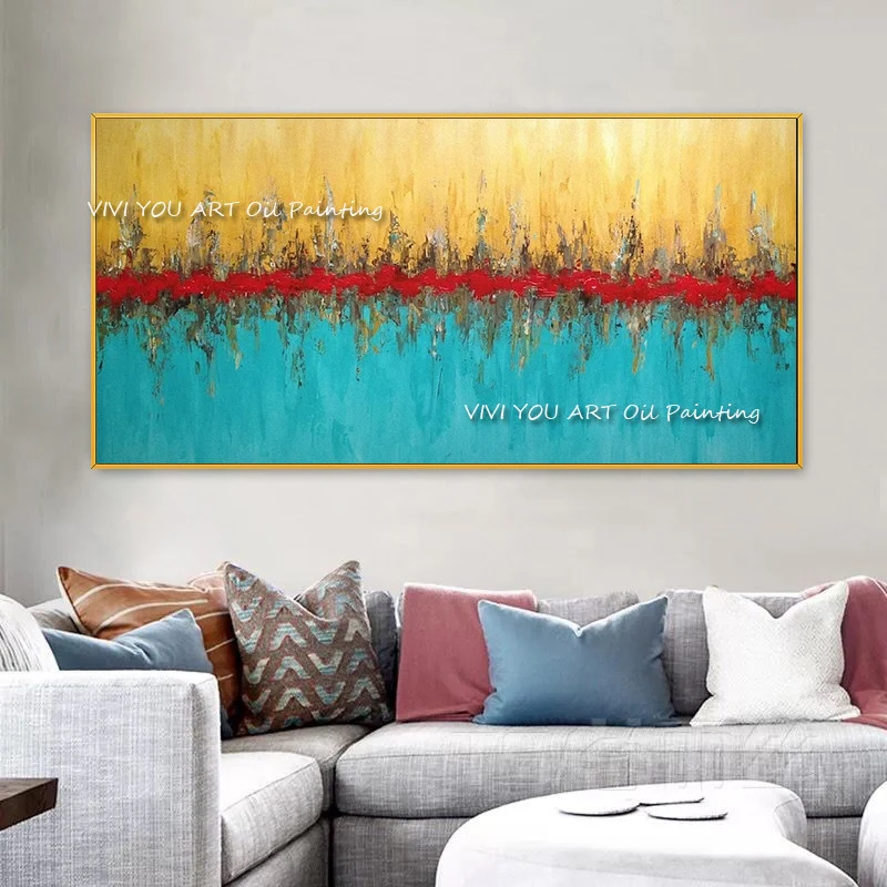 

The Best Foil Wall Art Canvas Handpainted Cuadro Yellow Red Modern Abstract Painting Wall Blue Luxury Pictures for Coffe Cafe