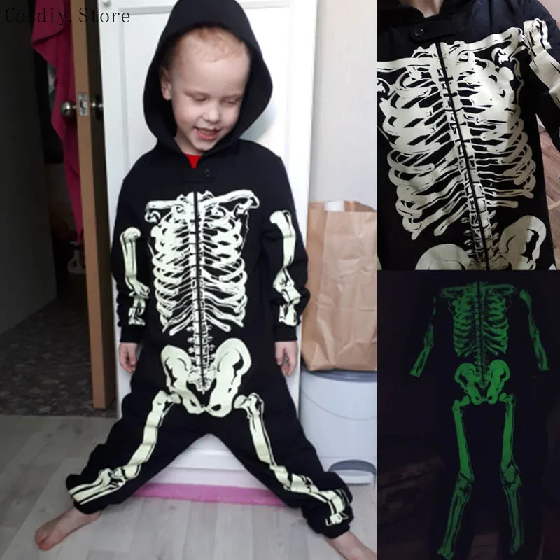 CK2209 Boys Skeleton Jumpsuit Hooded Horror Halloween Skull Ghost Scary Costume 