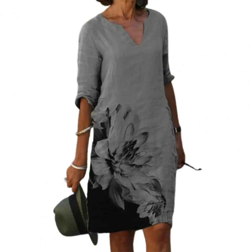 Women's Half Sleeve V Neck Printed Loose Dress Fashion Casual Vintage Spring Autumn All-match Plus Size Beach Dresses Vestidos | Женская