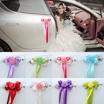 

1pc Door Handles Beautiful Party Festival Supplies Rearview Mirror Wedding Car Flower Knot Ribbon Decorations 12 Colors 17x35cm