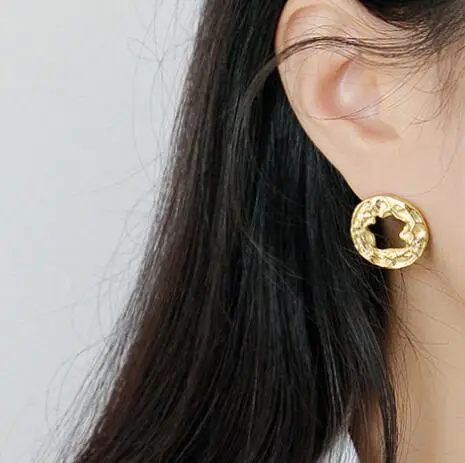 gold SHANICE, роскошные 925 пробы, серебряные серьги, INS, геометрическое кольцо, неровные, Оловянная фольга, на поверхности, морщины, серьги-гвоздики для женщин - Окраска металла: gold