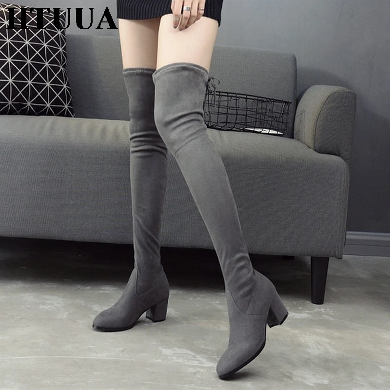 

HTUUA 35-42 Stretch Flock Women High Boots Slip On Round Toe Square Heel Over-the-Knee Boots Autumn Winter Women's Shoes SX3266