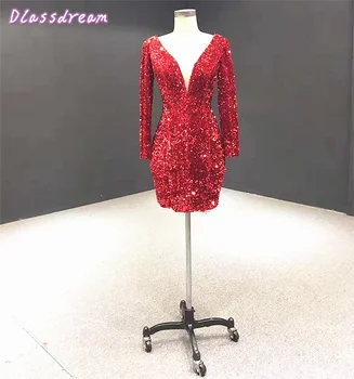 

Wine Red Sequins Cocktail Dresses 2020 Sexy O-neck Backless Long Sleeves Above Knee Lace-up Back Graduation Dress فساتين السهرة