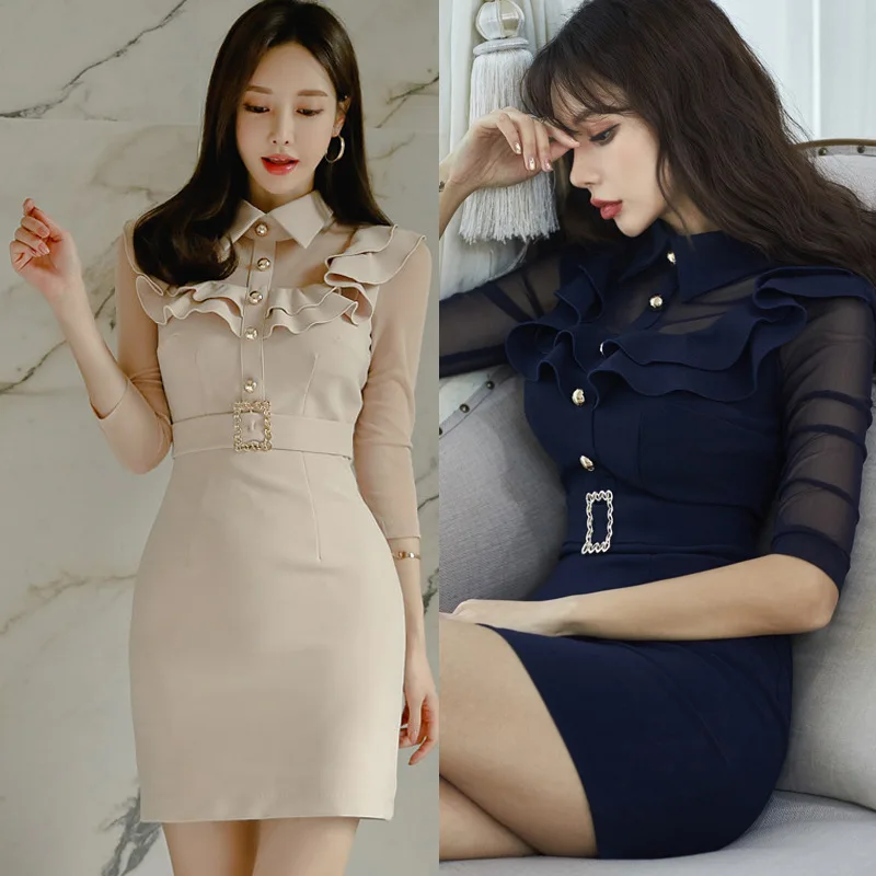 

2020 Spring Clothing New Products Korean-style Elegant Fold-down Collar Transparent Gauze Joint Flounced Slim Fit Three-quarter-