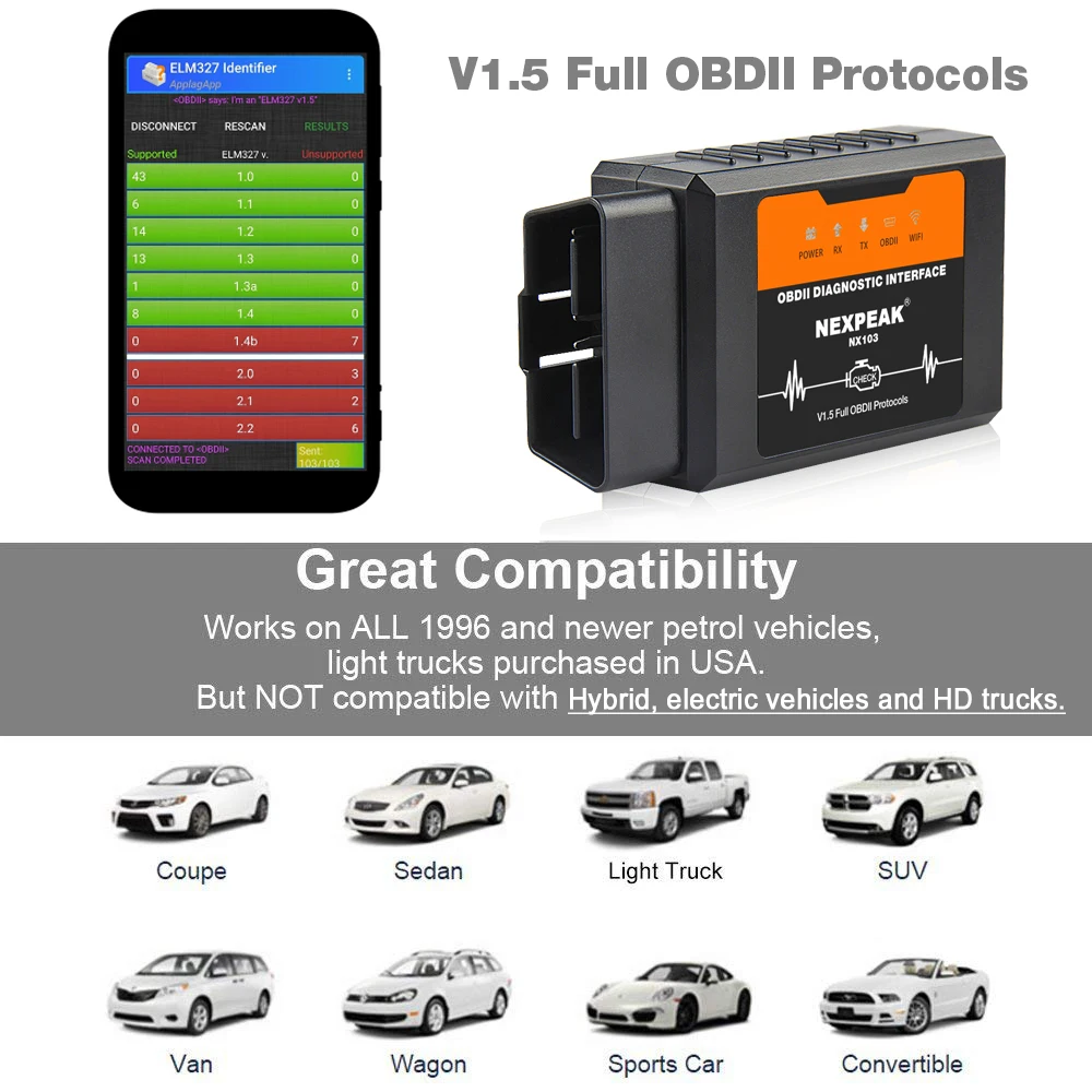 Автомобильный диагностический сканер NEXPEAK NX103 ELM327 V1.5 WIFI OBD2 Pic18f25k80 Obd2