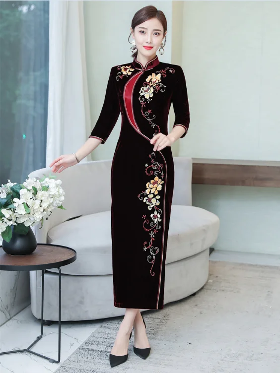ASYH-8231# платья матери невесты бархат cheongsam вышивка длинное свадебное платье бордовый женская одежда дешево - Цвет: Wine red