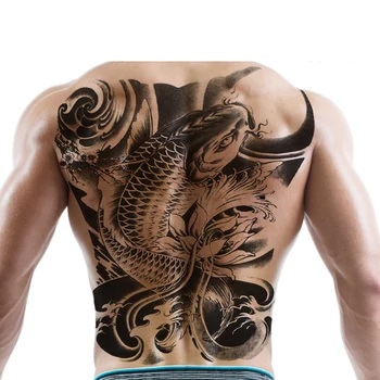 

Waterproof big picture full back tattoo fish Wolf Buddha master black and white impermanent door god manufacturers wholesale