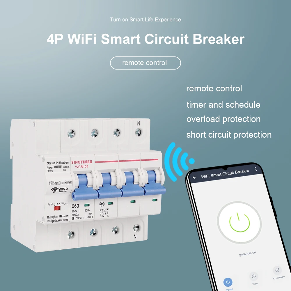 WCB104 Three Phase 4P 380V 63A Tuya Smart WiFi Circuit Breaker Industrial Remote Control MCB Timing Switch with Amazon Alexa Ech