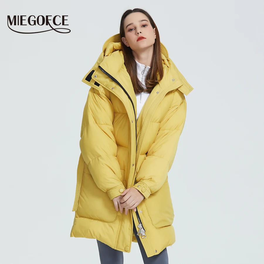 Kopen Miegofce 2019 Nieuwe Ontwerp Winter Jas Womens Parka Geïsoleerde Losse Cut Met Patch Zakken Casual Losse Jas Stand Kraag Hooded