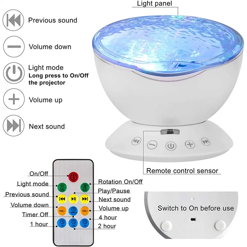 Ночной светильник для детей Рождественский подарок океанская волна проектор подводный проектор лампа 7 цветов Изменение музыкальный плеер Ночной Светильник проектор