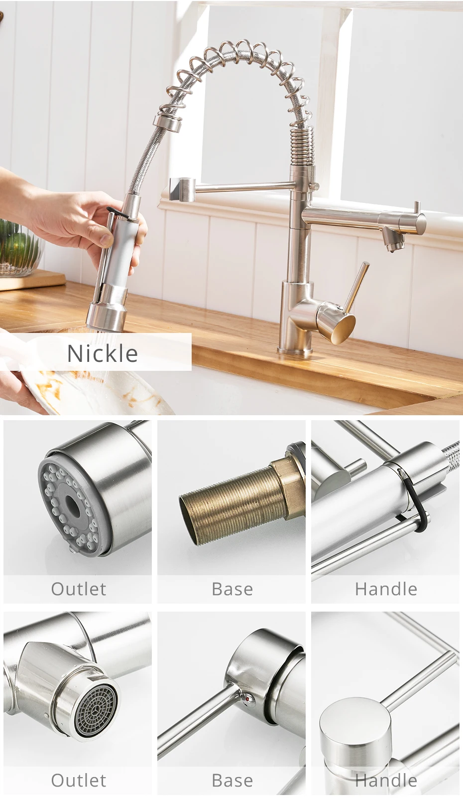 FLG Brushed Nickel Kitchen Faucets High Quality Brass Faucet Pull Out LED Kitchen Taps Hot and Cold Water Swivel Sink Mixer Tap