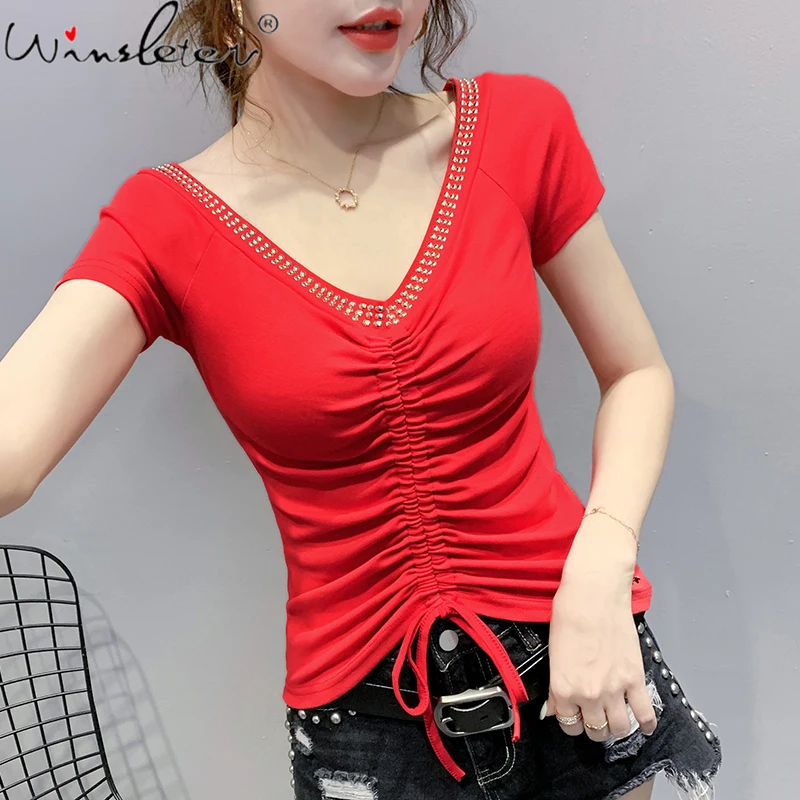 

Summer Korean Clothes T-shirt Sexy Off Collar Diamonds Lace Up Women Tops Bottoming Shirt Short Sleeve Cotton Tees 2021 T13102A