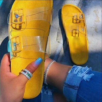 

2020 Transparent Slippers for Women Fashion Outside Slides Summer Flat With Sandals Casual Beach Shoes Buckle Slides