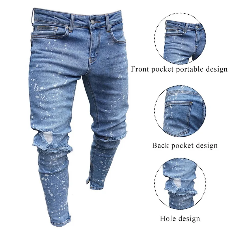 Модные обтягивающие джинсы с высокой талией и дырками уличные синие мужские