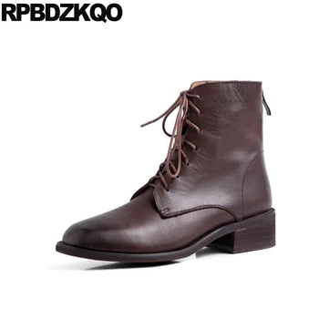 

2019 japanese shoes brown lace up combat military brand women winter boots genuine leather block fur chunky round toe black warm