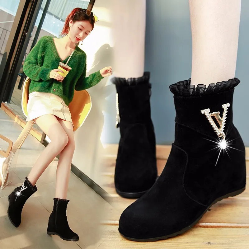 

2019 Autumn & Winter New Style Flat Elevator Short Boots plus Velvet Man-made Diamond Cotton-padded Shoes Women's Boots Thick Bo