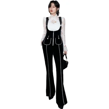 

Plus Size OL Office Work 2 Piece Set Women White Lace Top and Long Velvet Jumpsuit Two Piece Set Spring Elegant Black Women Suit
