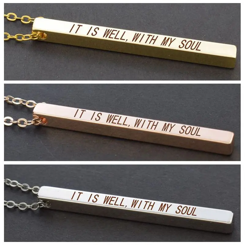 

" It Is Well, with My Soul " Letter Engraved Rectangular Bar Necklace Women Simple Pendant Sweater Chain Necklace Christmas Gift