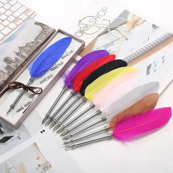 

2020 Creative Retro Stainless Steel Dip Water Feather Pen Business Office Sign Pen Birthday Gift Feather Pen