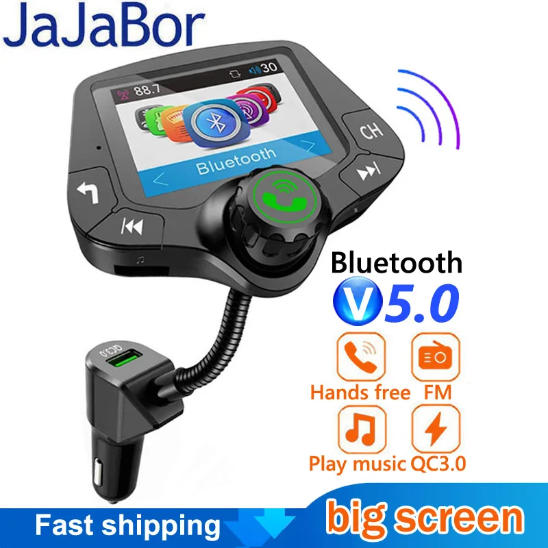 JaJaBor Bluetooth 5.0 Car Kit Handsfree FM Transmitter QC3.0 Quick Charge 2.0 Inch LCD Display AUX Audio Receiver Car MP3 Player