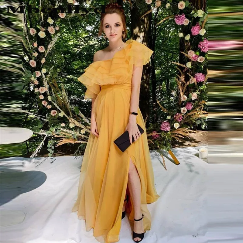 

Mbcullyd Gold One Shoulder Prom Dresses Long 2020 Ruffled Long Dress Evening Gowns With Side Split Formal Party Dress Cheap