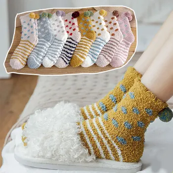 

Winter Coral Fleece Socks For Women Thick Coral Fleece Girls Sleeping Fuzzy Socks Home Floor No-slip Striped Warm Socks Dropship