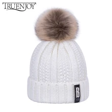 TRUENJOY вязанная шапка с буквой B, женская брендовая Высококачественная зимняя шапка бини, шапка для женщин и девушек, лыжная меховая шапка с помпонами, шапка Skullies