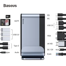 Baseus 16 портов USB C концентратор к USB 3,0 4K HDMI RJ45 VGA DC Аудио Многофункциональный Тип C концентратор адаптер рабочая станция для ноутбука