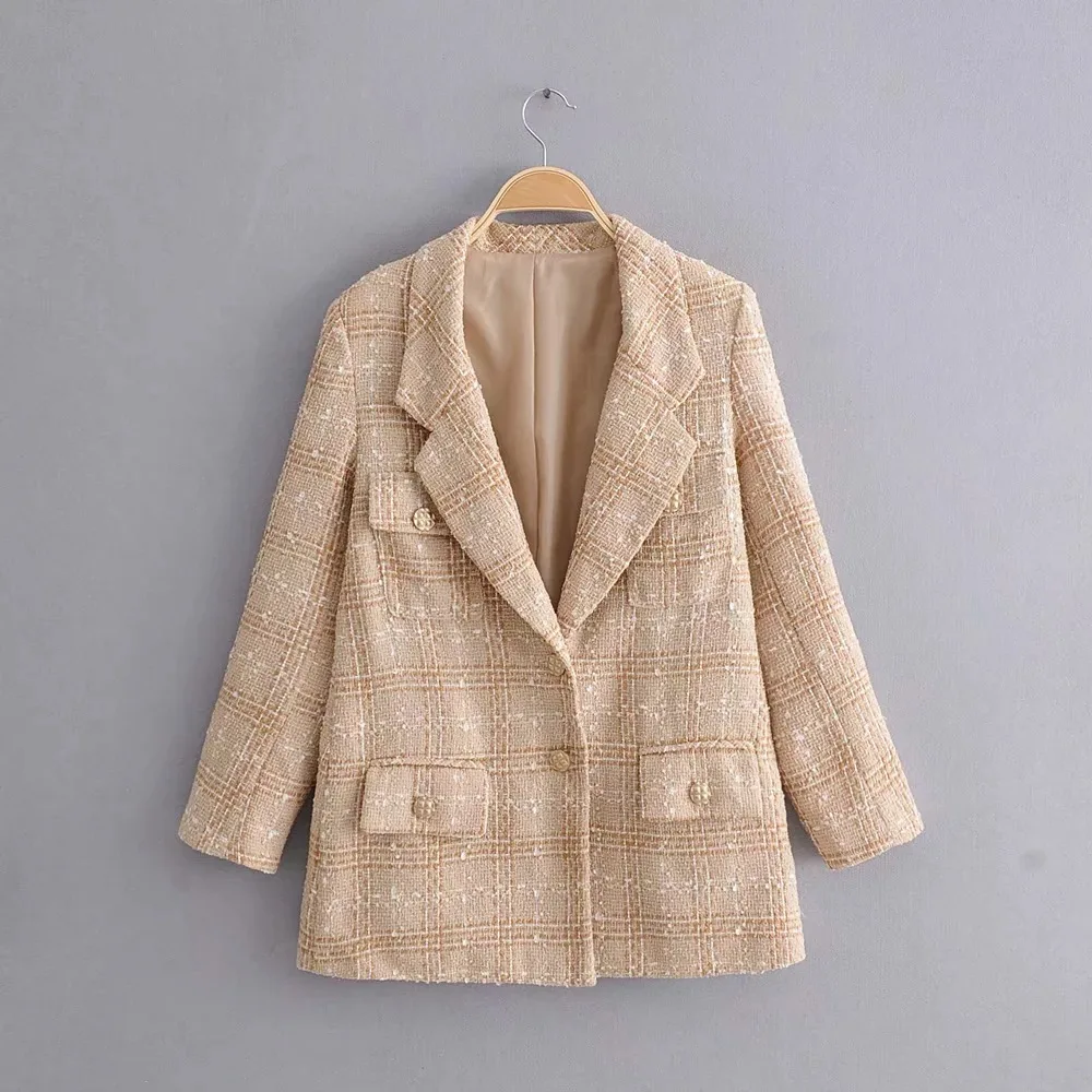 

Zn43 Early Autumn New Style Elegant Versatile Fold-down Collar Button Ornaments Graceful Tweed Long-sleeved Coat Tops Women's
