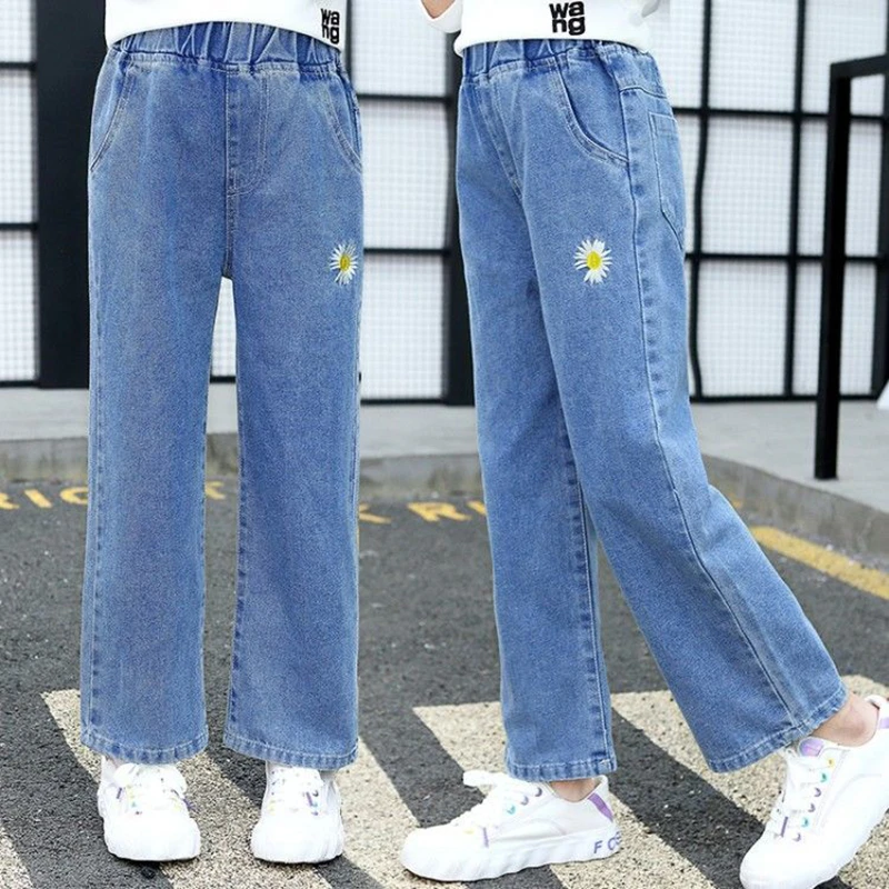 Jeans dritti ricamati moda primavera per ragazze adolescenti pantaloni in  Denim elastico in vita pantaloni per bambini vestiti per bambini per ragazze|Jeans|  - AliExpress