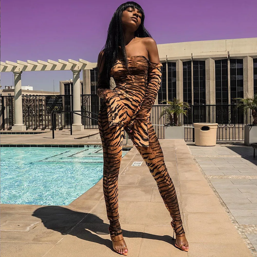 

OMILKA Long Sleeve Off Shoulder Leopard Tiger Printed Rompers and Jumpsuits 2019 Summer Women Slash Neck Bodycon Club Overalls