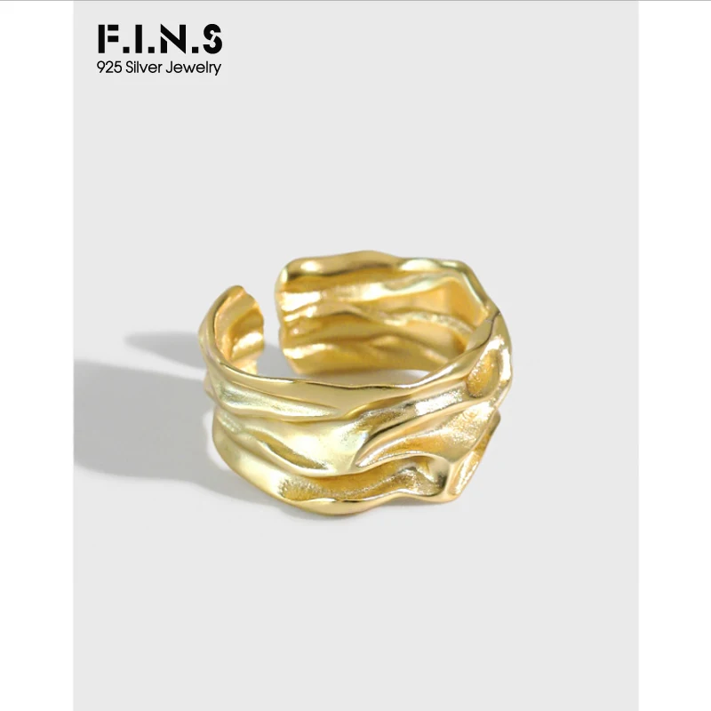 

F.I.N.S Korea Style Unique Design Irregular Fold Surface S925 Sterling Silver Ring Open Wide Female Finger Silver Fine Rings
